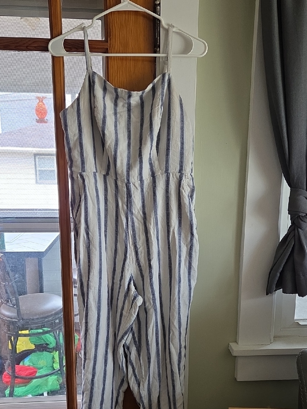 Old Navy White and Navy Striped Spaghetti-Strap Jumpsuit